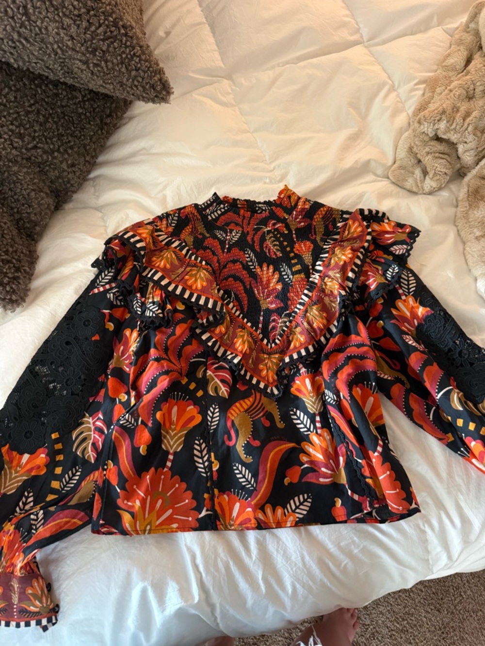 FARM Rio Black Floral Ruffle Yoke Blouse with Orange & Red Accents